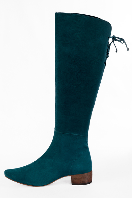 Peacock blue women's knee-high boots, with laces at the back. Square toe. Low leather soles. Made to measure. Profile view - Florence KOOIJMAN